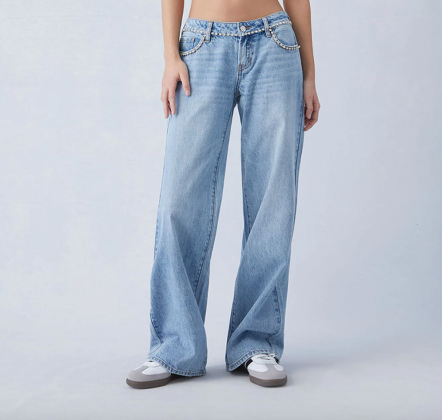 PacSun Light Indigo Rhinestone Low Rise Wide Leg Jeans